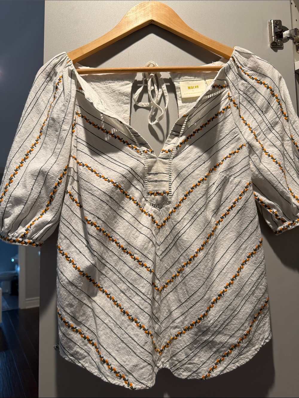 White Embroidered Peasant Blouse with Mustard Accents